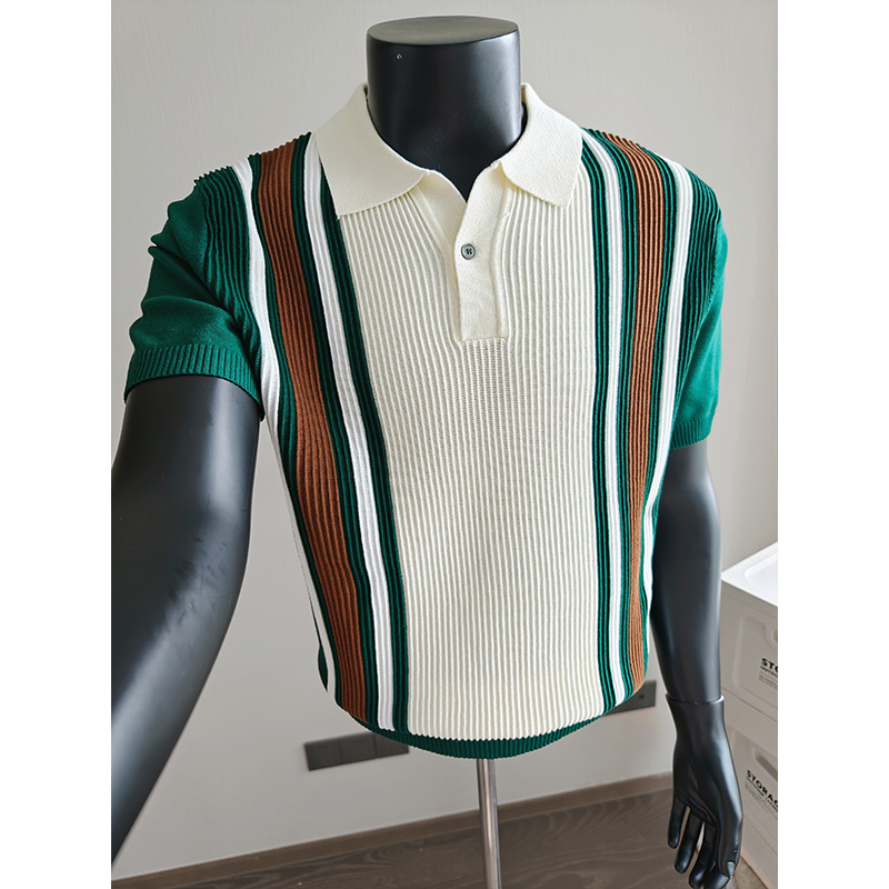 Polo tricoté en soie glacée à manches courtes pour homme 2026 – T-shirt décontracté à rayures, style business, color block, streetwear tendance