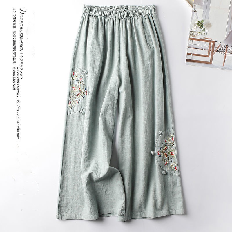 Femmes Pantalon droit décontracté coton mélangé Femme Pantalon 2025 fleur broderie ample jambe large Pantalon pour femmes Pantalon Femme