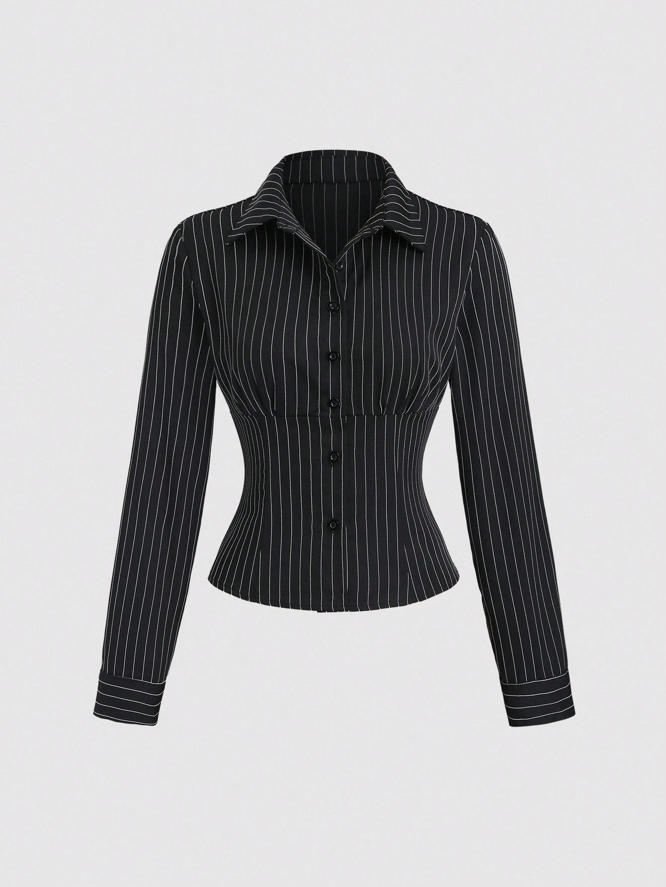 Chemise à manches longues rayée pour femmes, élégante, boutons texturés, taille ajustée, noire, bureau, simple boutonnage, chemise courte, printemps/automne