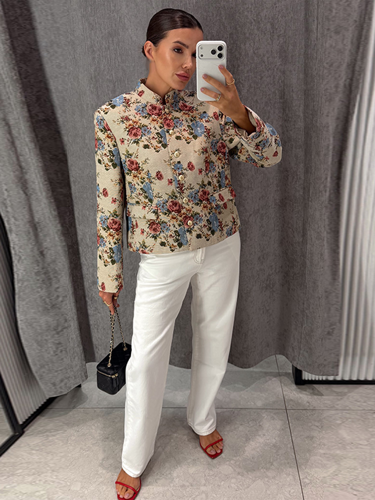 Blazer imprimé floral pour femme, col mandarin, épaulettes, veste courte à simple boutonnage, style vintage, pour l'automne et le quotidien