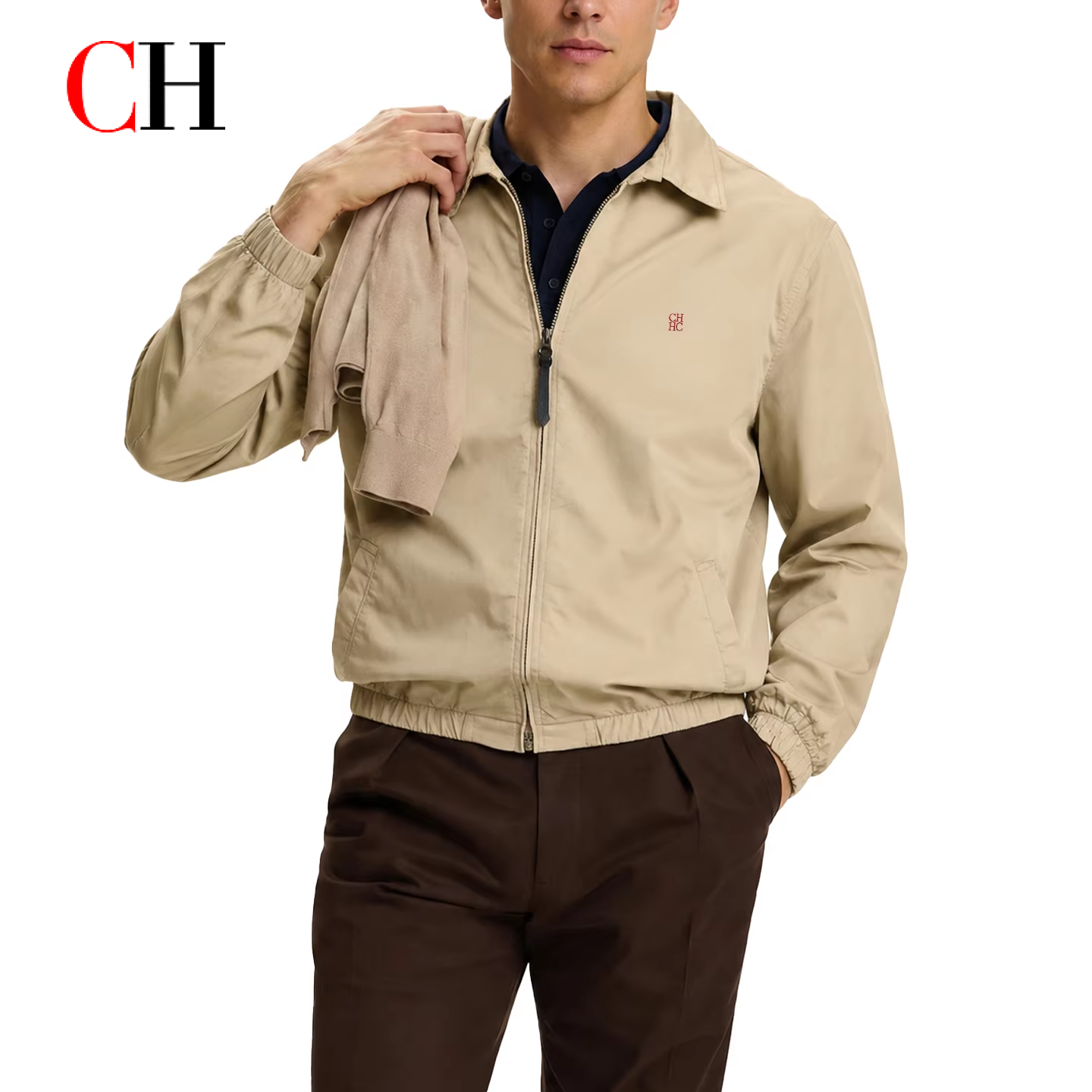 Veste Harrington Premium Brodé du Logo CH pour Homme, Col Pointu, Fermeture Éclair Intégrale, Manches Longues, Coupe-Vent, Décontractée, Quotidienne, pour le Bureau