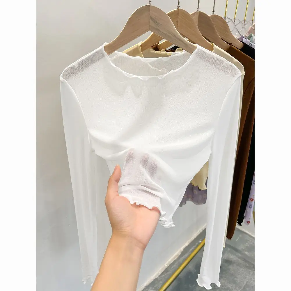 Top court en dentelle noire pour femmes, t-shirt en maille transparente en soie glacée d'été, style court, sous-vêtements, chemise de base, protection solaire