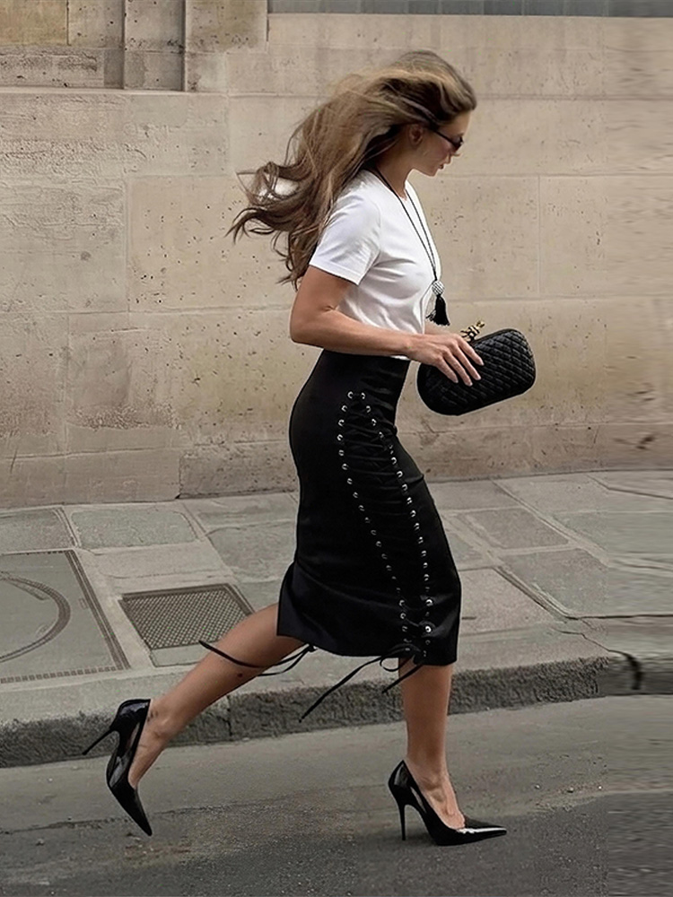 Jupe midi pour femme, taille haute, avec lacets latéraux, jupe moulante ajustable à la taille, idéale pour les sorties en ville, nouvelle collection 2026 pour femmes.