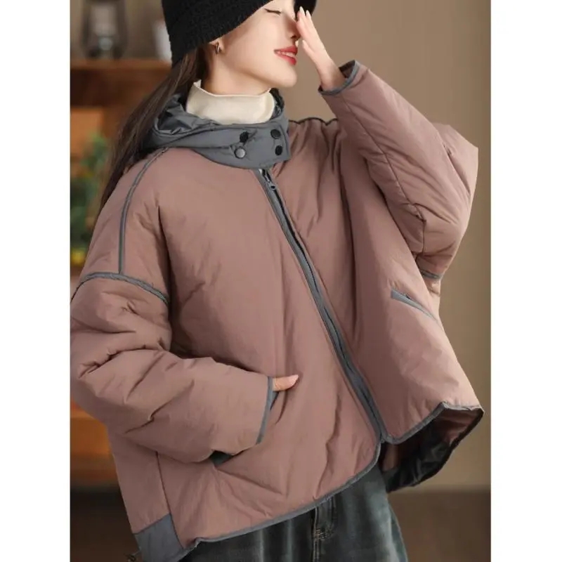 Veste matelassée à capuche et cordon de serrage pour femme, manteau chaud ample et fin en coton, couleur contrastée, mode automne et hiver, w1502