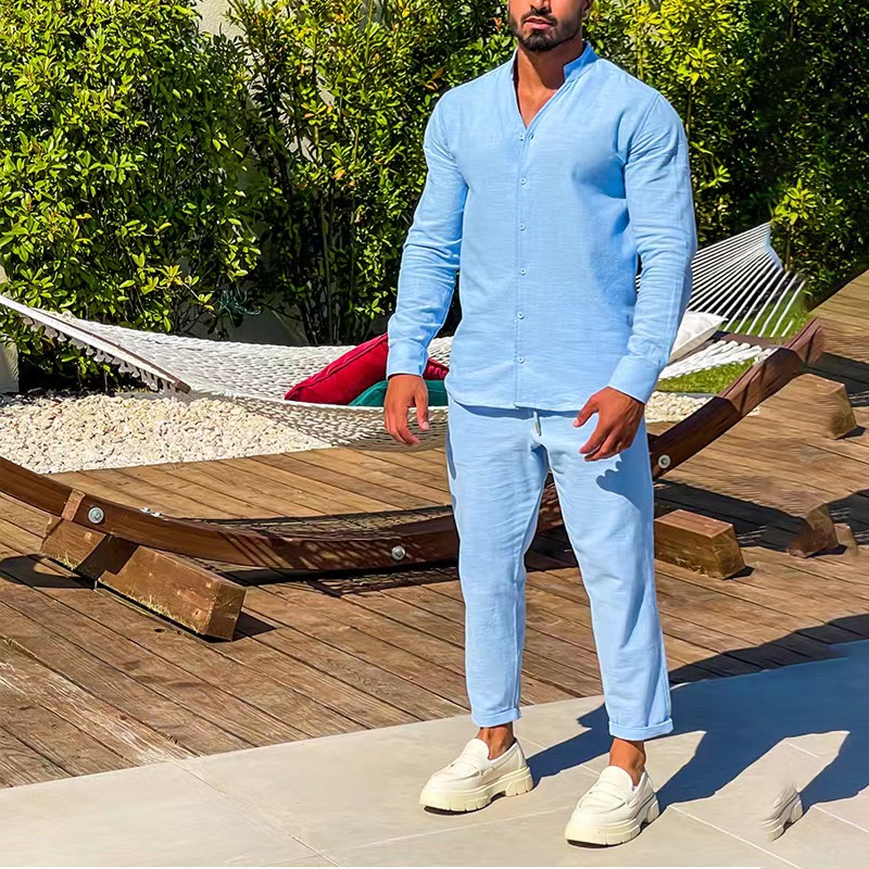 Chemise à col montant en lin à manches longues pour hommes, chemise respirante monochromatique, vêtements de sport décontractés, mode simple, ensemble deux pièces FJM