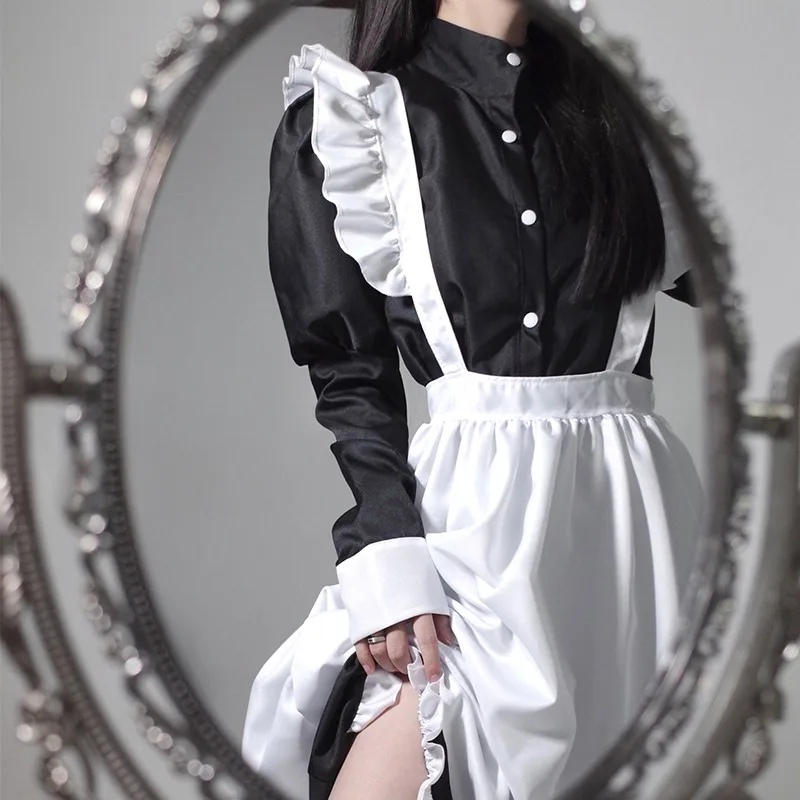Tenue de demoiselle d'honneur de style japonais, robe longue noire et blanche, Lolita, unisexe, hommes, femmes, costume d'Halloween, uniforme, ensemble complet, adultes, grande taille