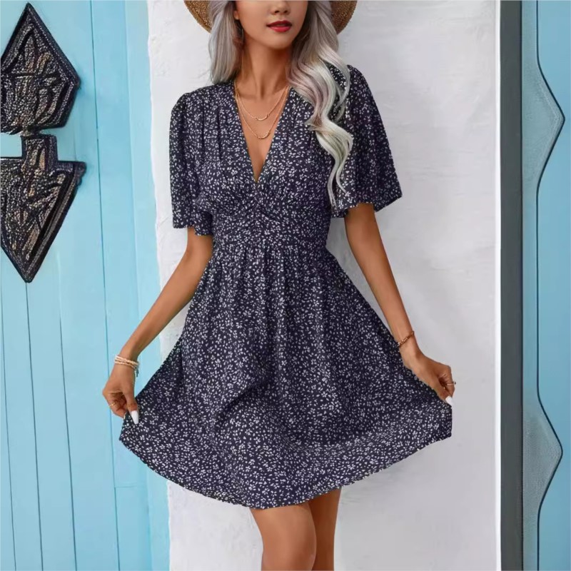 Mini robe plissée à fleurs fragmentées pour femmes, col en V, manches moyennes, imprimé, taille haute, élégante, nouvelle mode, été, éducatif