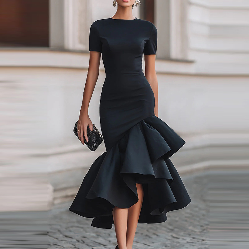 Robe de soirée élégante à col rond et manches courtes, taille haute plissée, coupe sirène, couleur unie pour femme