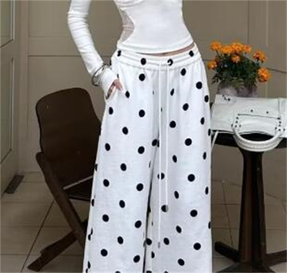 Pantalon large à pois pour femme, taille haute avec cordon de serrage, style coréen, collection Printemps-Été, streetwear