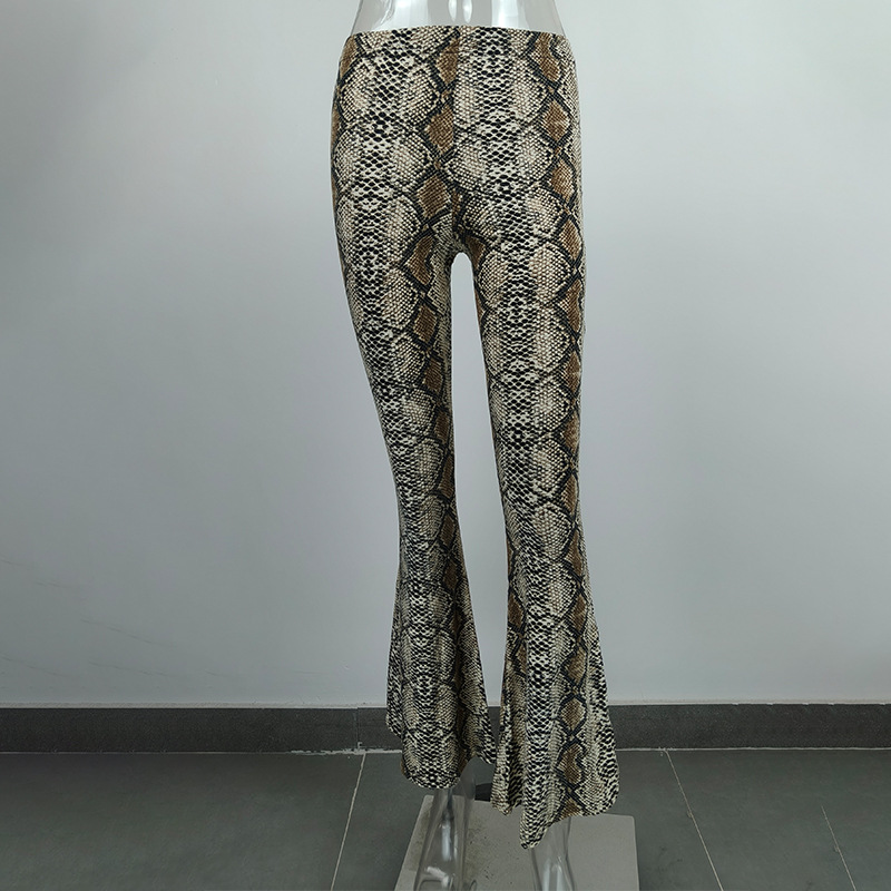 Nouveau pantalon décontracté taille haute, élégant, ajusté, imprimé avec des motifs serpent et jambes évasées.