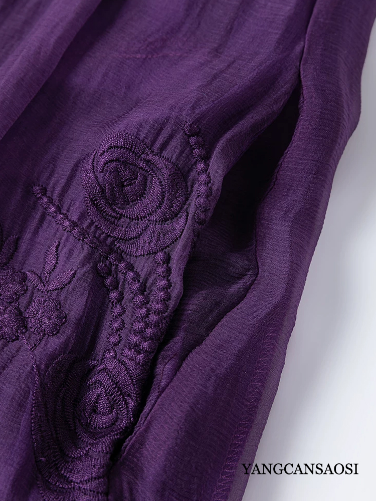 Robe de soirée décontractée pour femme, nouvelle collection été, élégante, en soie de mûrier naturelle, broderie riche, col rond, longue, violette