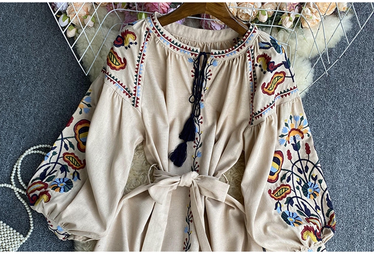 Robe Trapèze Brodée à Manches Bouffantes pour Femme, Col Rond, Taille Haute, Style Ethnique, Dropshipping