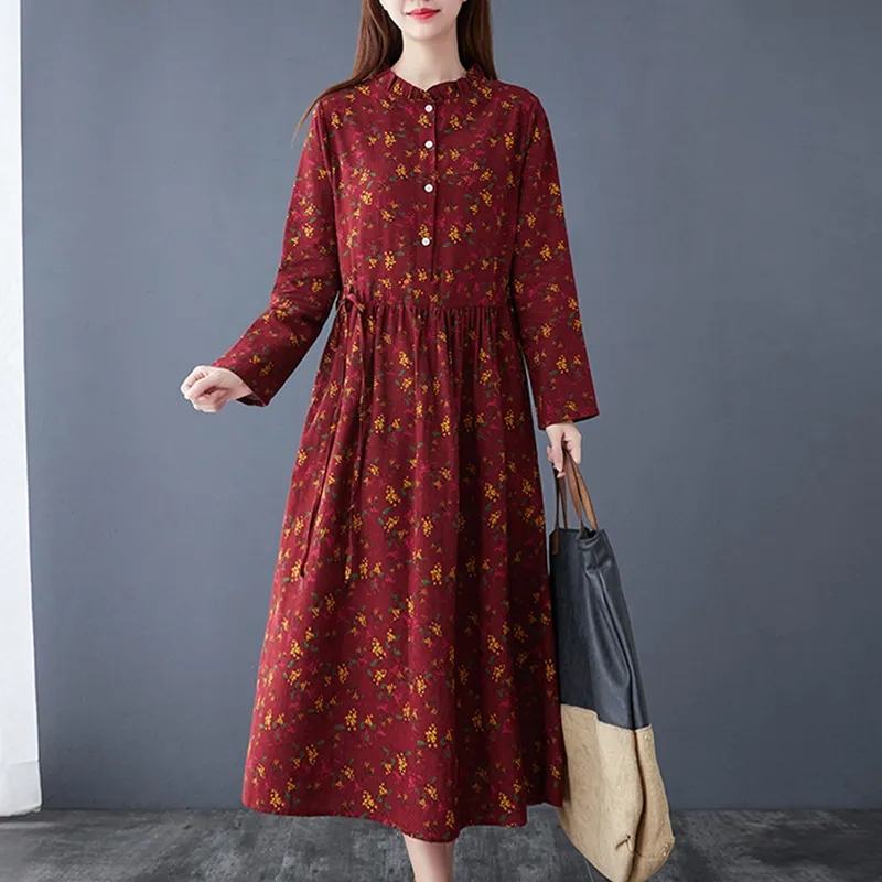 Robe en coton et lin pour femme, nouvelle collection printemps-automne 2026, taille ajustée, élégante, à fleurs, manches longues, vêtements pour femmes