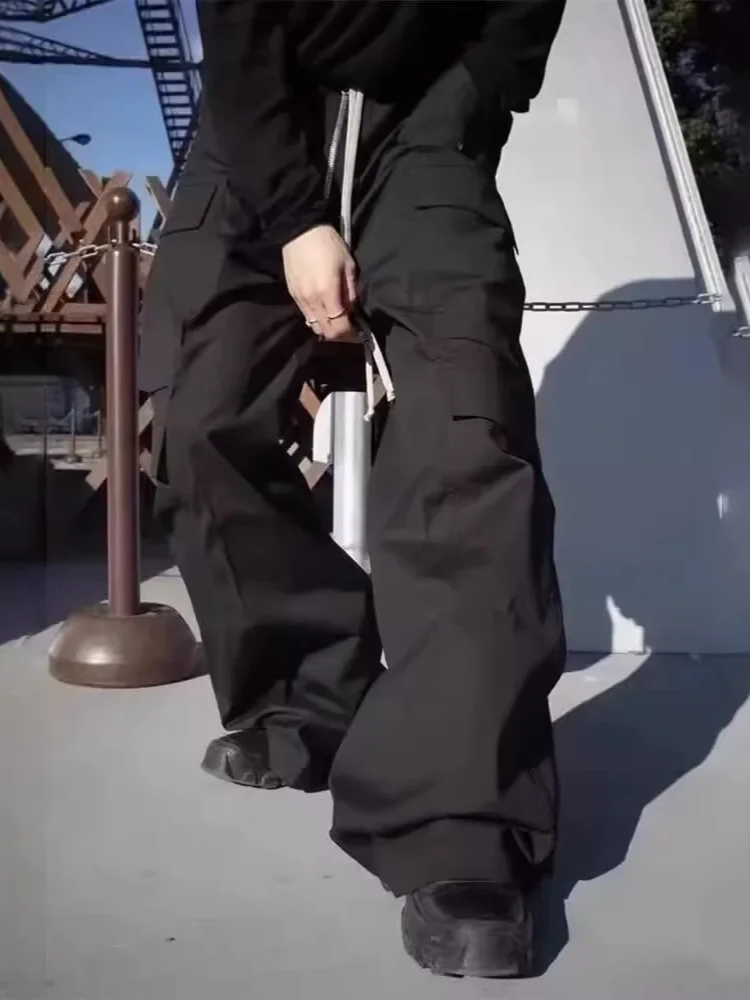 Pantalon noir cargo multi-poches pour homme, pantalon décontracté, jambe large, style américain, nouveau, printemps, été, 2025