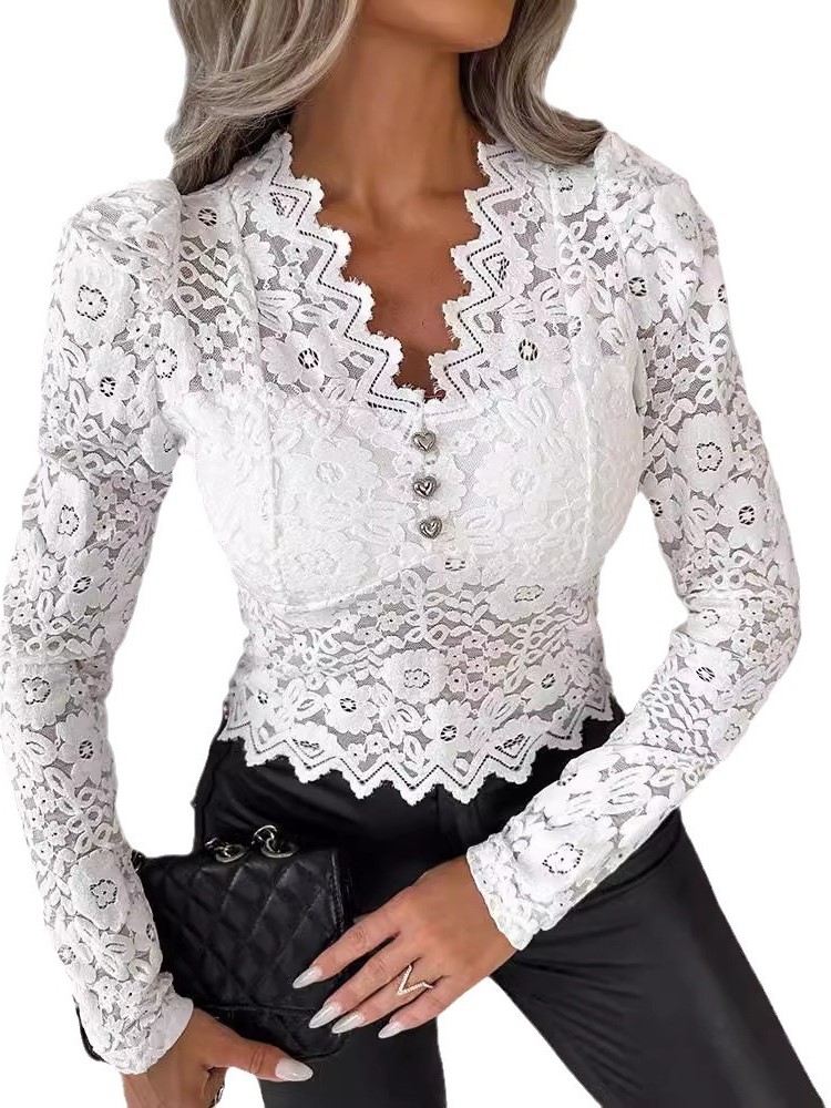 Dentelle nouveau printemps automne blanc chemise haute mode élégant Sexy col en V mince pour les femmes décontracté vacances fête chemises femmes vêtements