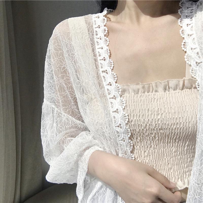 Chemise Kimono longue en dentelle pour femmes, style Boho, ajouré, manches longues, Beige, blanc, Cardigan ouvert sur le devant, veste de plage au Crochet, été