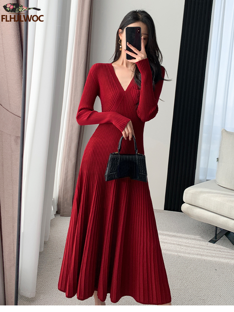 Robe pull longue à col en V pour femme, vêtements de base, design de style français, coupe couvertes, ligne A, nouvel an, rouge, éducatif, printemps, hiver