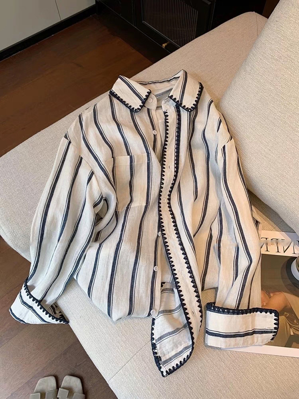 Chemise rayée à la mode pour femmes, printemps-automne, bord tricoté, simple boutonnage, manches longues, col rabattu, hauts amples décontractés