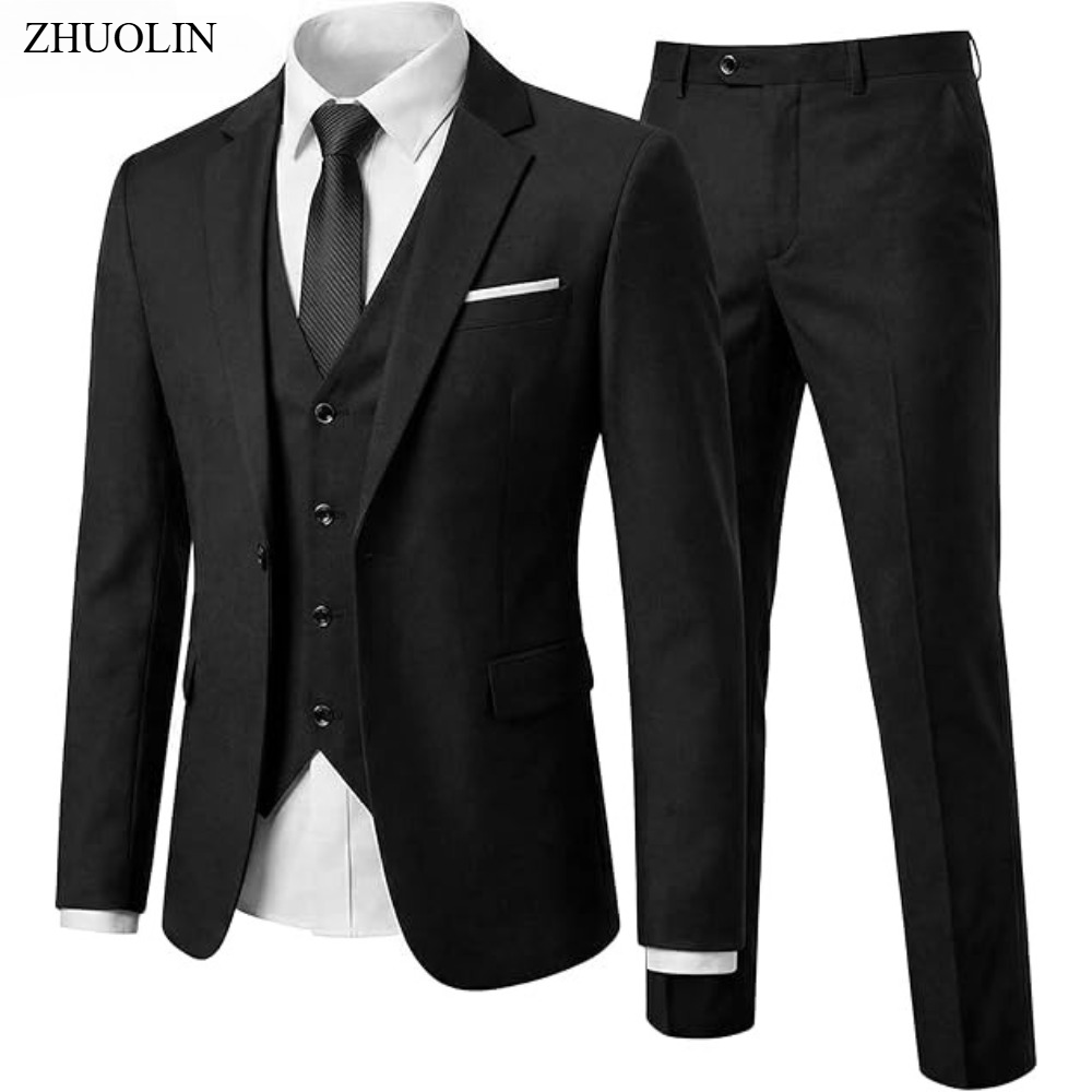 Ensemble de costume 3 pièces pour homme, couleur unie, pour mariage, tenue de cérémonie, blazer, gilet, pantalon, smoking classique, fête, garçons d'honneur
