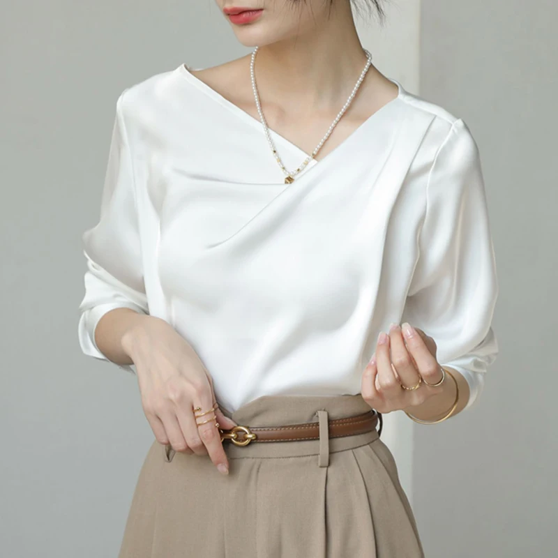 Chemises en Satin pour femmes, nouvelle soie, couleur unie, chemisiers décontractés, amples, vêtements pour dames, mode, manches longues, hauts blancs, printemps/été