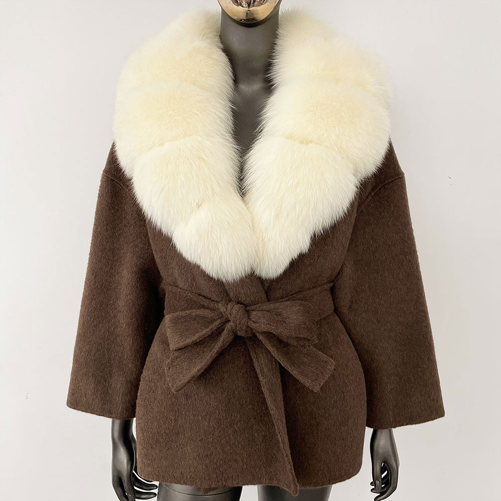 Manteau en laine élégant pour femme, coupe ample, avec vraie fourrure de raton laveur et de renard, ceinture et poches, collection hiver-printemps 2026, vêtement d'extérieur décontracté
