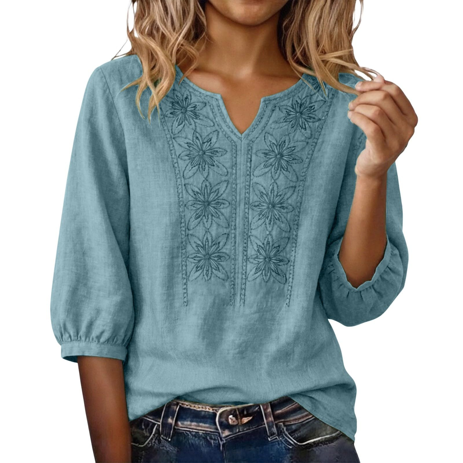 Chemisier en coton et lin pour femmes, broderie florale, col en V, manches 3/4, coupe ample décontractée, tunique pour le bureau, les vacances et le streetwear