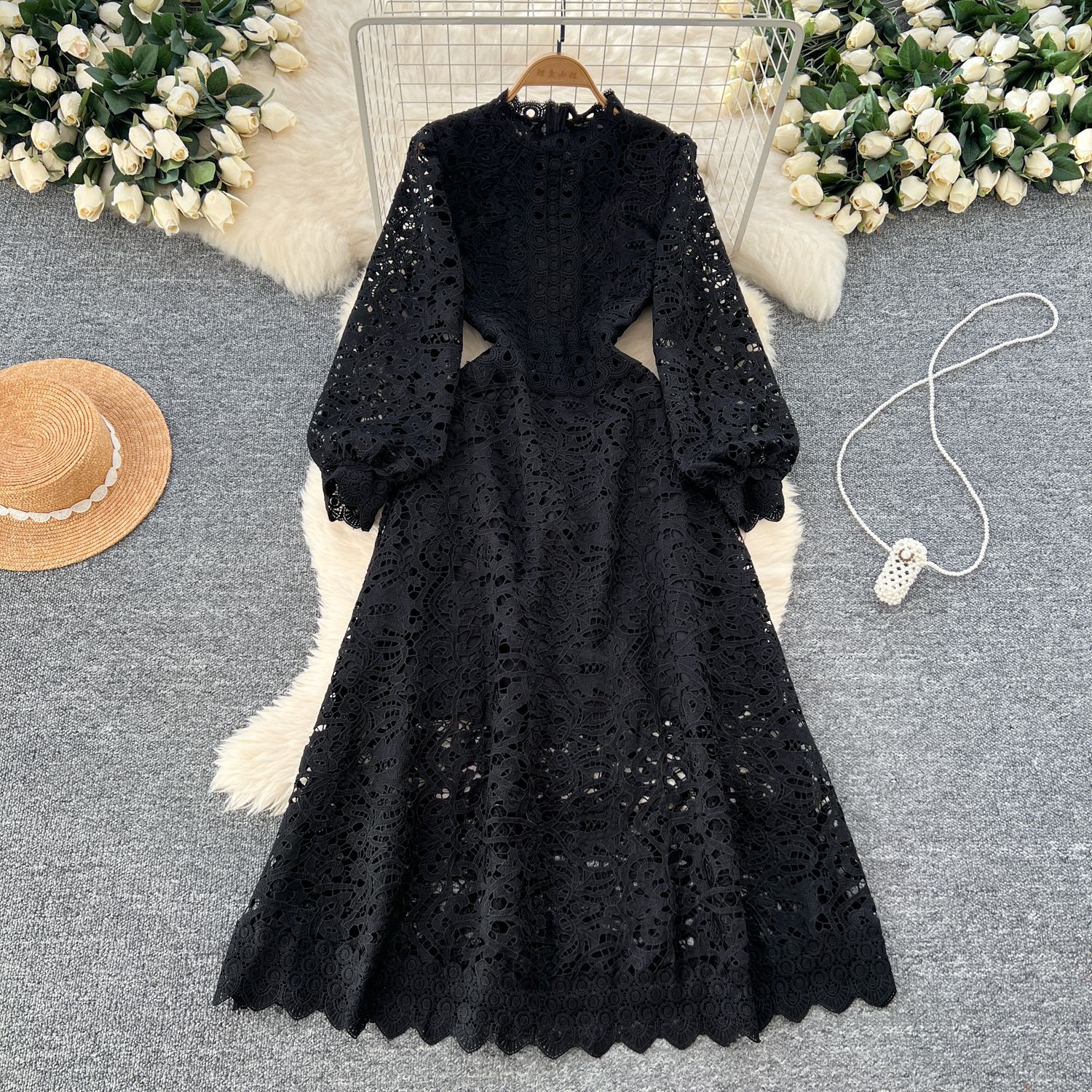 Robe longue en dentelle pour femmes, manches lanternes, ligne A, ajourée, taille haute, Streetwear, épissure élégante, mariage Y2k, blanc