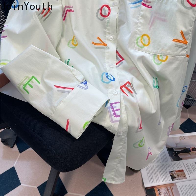 Chemisier à manches longues imprimé lettre pour femmes, chemises vintage, vêtements décontractés, mode coréenne, 2025