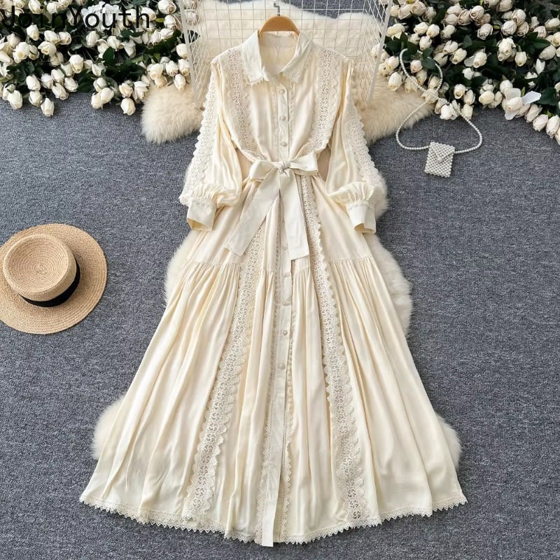 Robe en dentelle vintage à col rabattu pour femmes, manches lanterne, nœud de bandage, coupe couvertes, grande balançoire, robes maxi élégantes