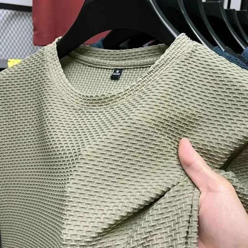 T-shirt d'été en maille de soie glacée pour homme, col rond, manches courtes, nouvelle collection 2026, demi-manches, fin, couleur unie