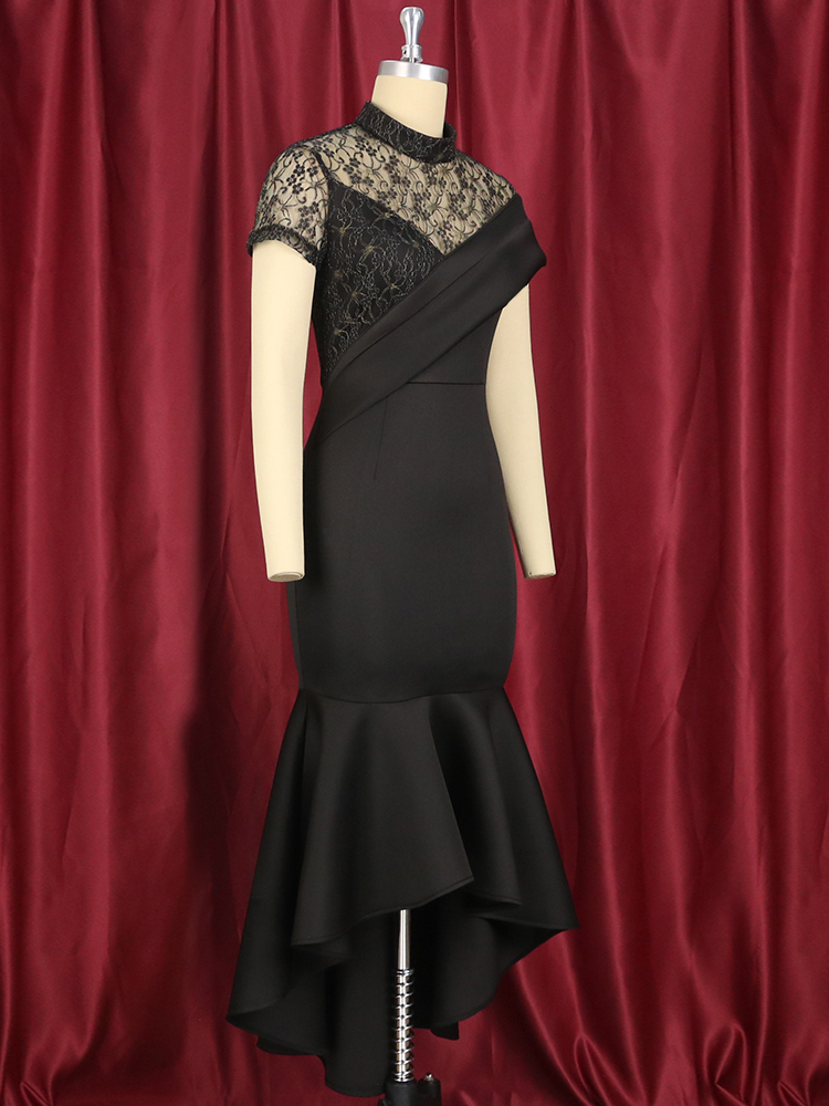 Robe de soirée élégante à col haut pour femme, vêtements sexy, couture en dentelle, queue de poisson, coupe couvertes, noir, grande taille, célébrité, maxi