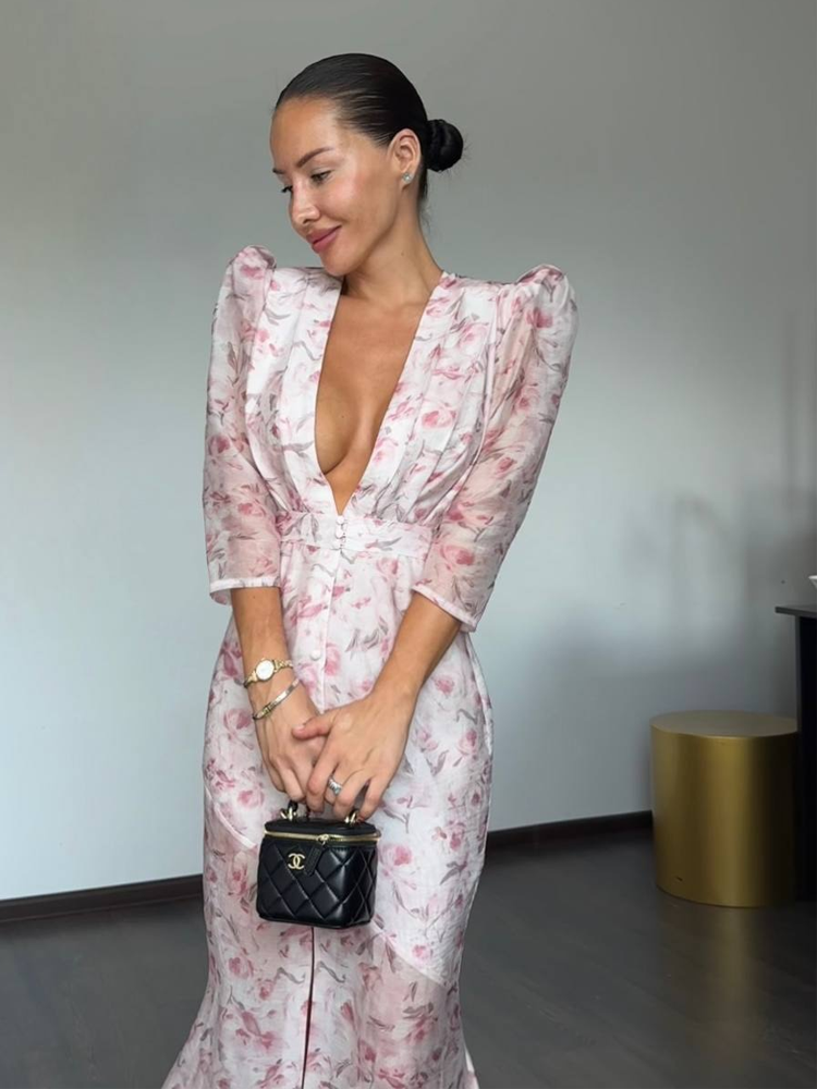 Robe imprimée pour femmes, robes florales, col en V profond, manches bouffantes, boutons à la taille, robe longue élégante en mélange de lin, vêtements pour femmes, tenue de tous les jours