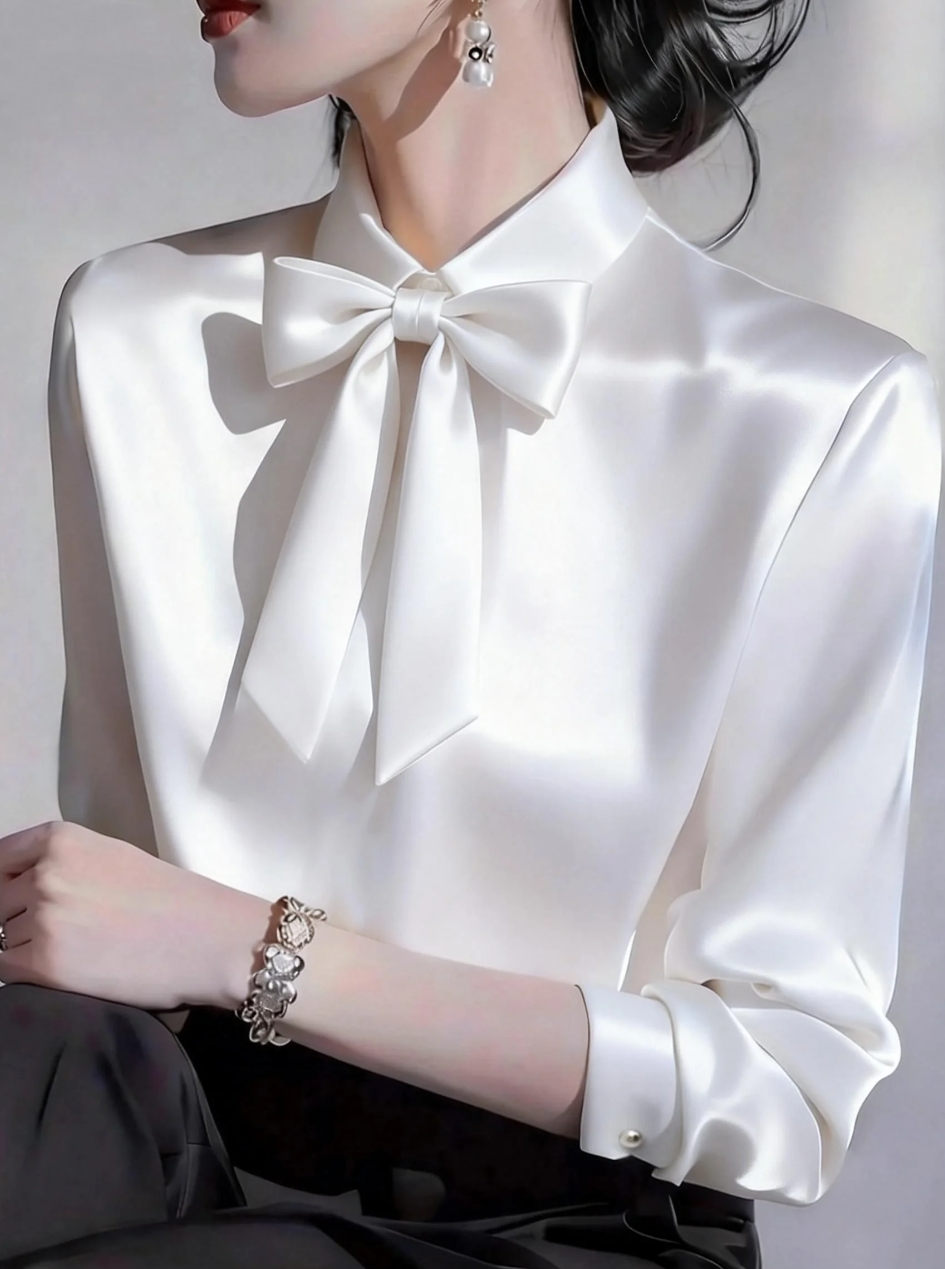 Chemise élégante en satin à nœud papillon pour femmes, manches longues, chemise de bureau formelle