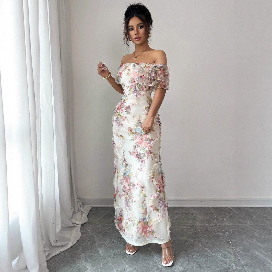 Robes pour femmes robe à volants élégante et romantique dames Sexy épaules dénudées ajustée maille robe florale robe de soirée pour femme
