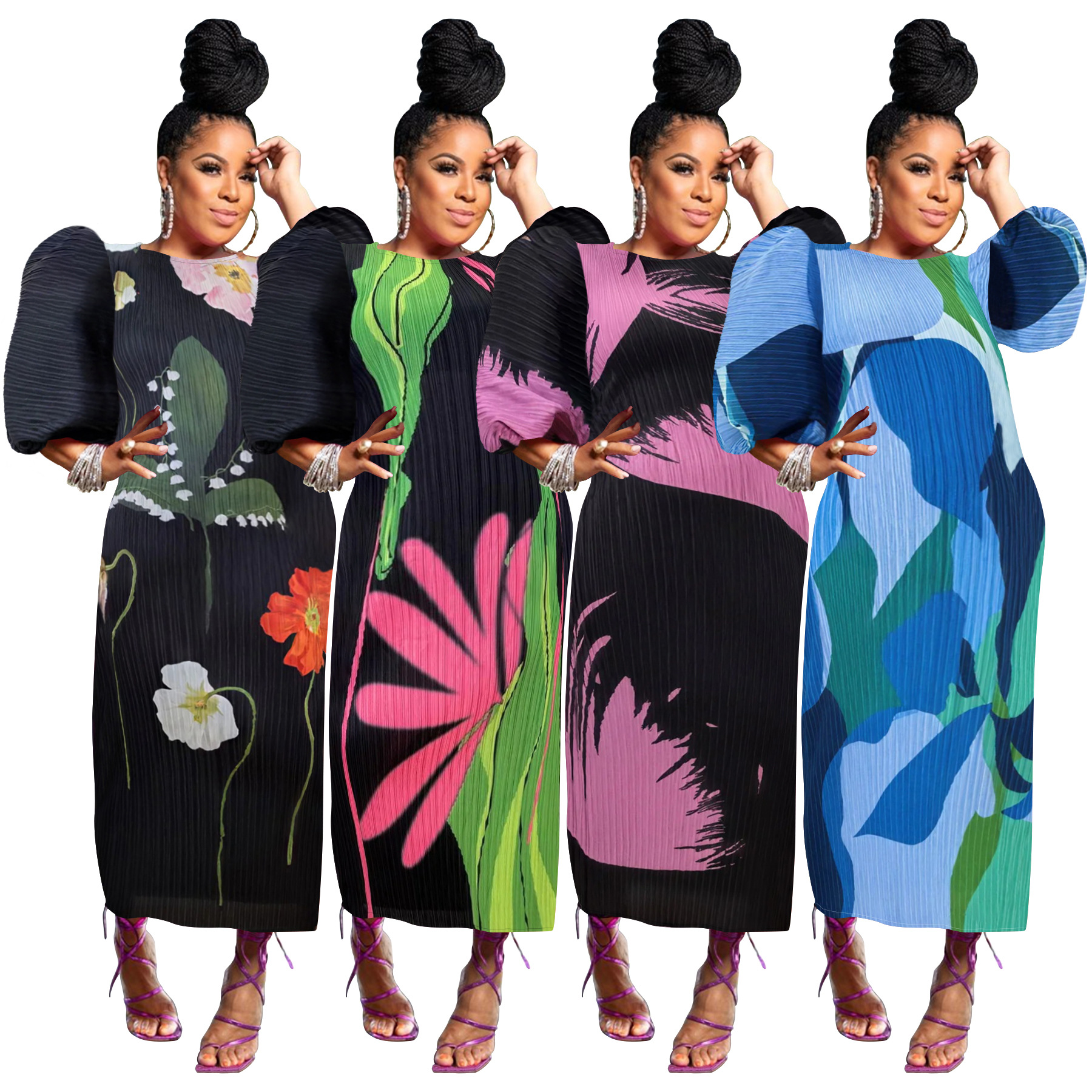 Robe longue pour femmes, imprimé Floral, col rond, manches lanternes, épissure élégante, Y2k, Streetwear, plissée, travail, été 2025