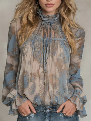 Nouvelle Collection Printemps 2026 : Blouse en Chiffon Imprimé Paisley Rétro avec Col Montant à Volants, Manches Évasées à Nouer, Top Transparent, Vêtements Grande Taille pour Femme, Idéale pour le Travail et les Vacances