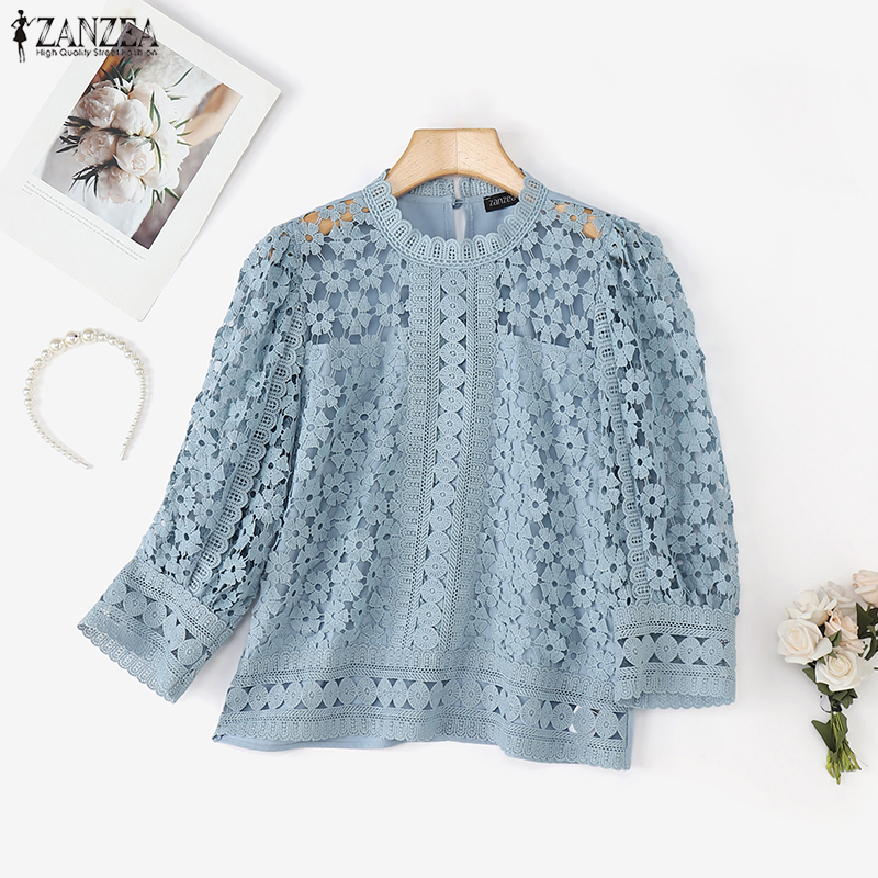 ZANZEA Blouse élégante en dentelle pour femme, manches 3/4 bouffantes, couleur unie, tunique décontractée transparente à col rond pour l'été 2026, chemise de bureau pour femme
