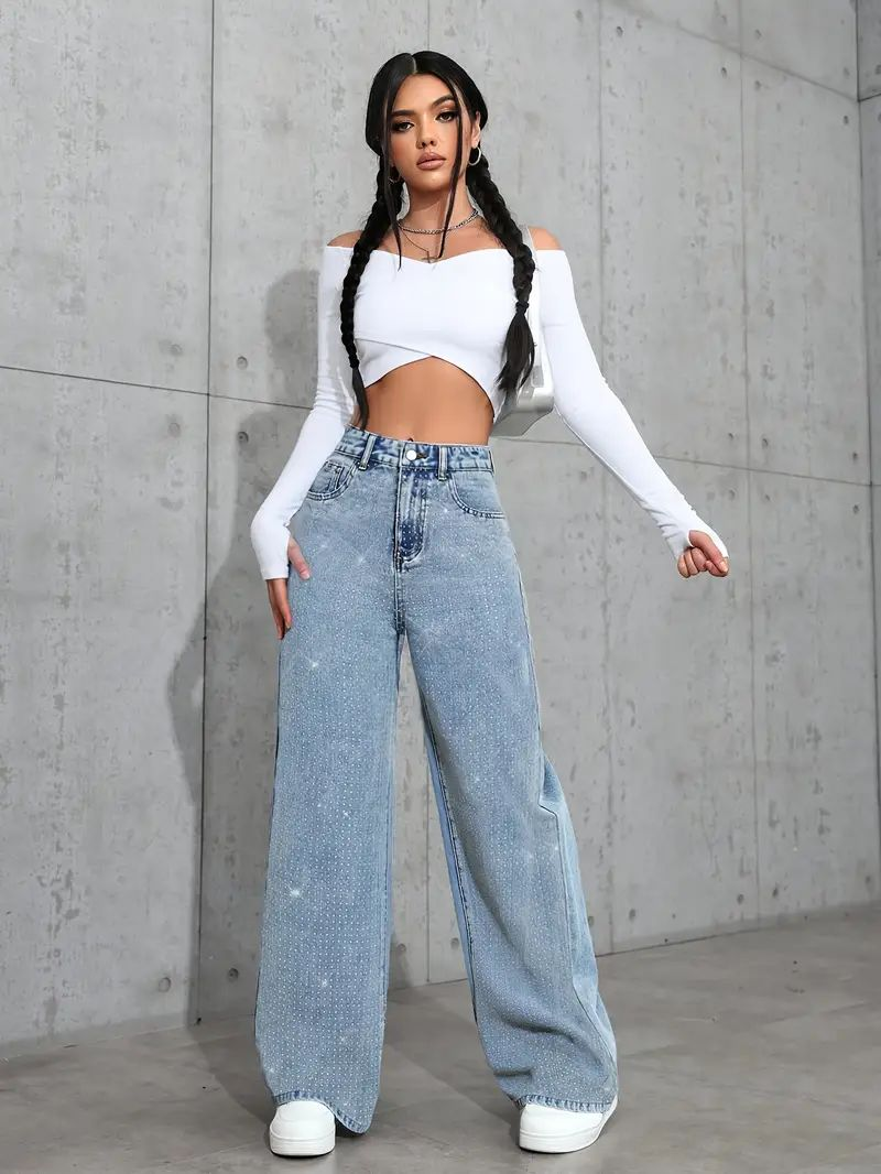 Jean ample grande taille pour femme, pantalon droit décontracté en Denim, élastique, extensible, coupe confortable, décoré avec des broderies de perles