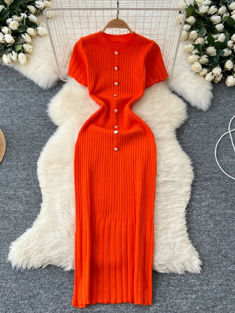 Robe moulante tricotée pour femmes, col rond, simple boutonnage, manches courtes, Slim, Style français, robes longues pour dames, printemps automne