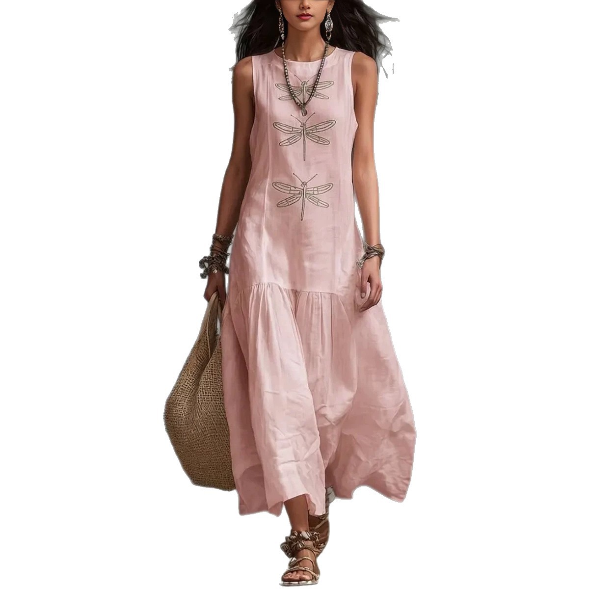 Nouvelle Robe Bohème d'Été pour Femme, Col Rond Décontracté, Sans Manches, Longueur Midi, Motif Libellule, Robes Unies pour Femmes, Vestidos 2026