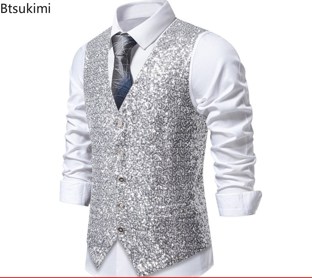 Gilet de Costume à paillettes dorées brillantes pour hommes, à la mode, simple boutonnage, Slim, scintillant, de luxe, pour fête de mariage, scène, bal de promo