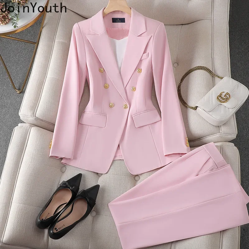 Ensemble élégant 2 pièces pour femmes, vêtements Blazer à Double boutonnage, manteau, taille haute, pantalon droit, costume coréen, tenues de bureau