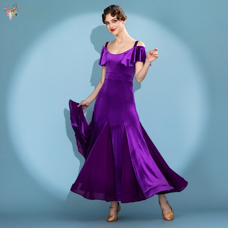 Robes de danse moderne pour femmes, robe élégante en velours violet haut de gamme, robe à grande jupe, vêtements de danse de salon pour la valse