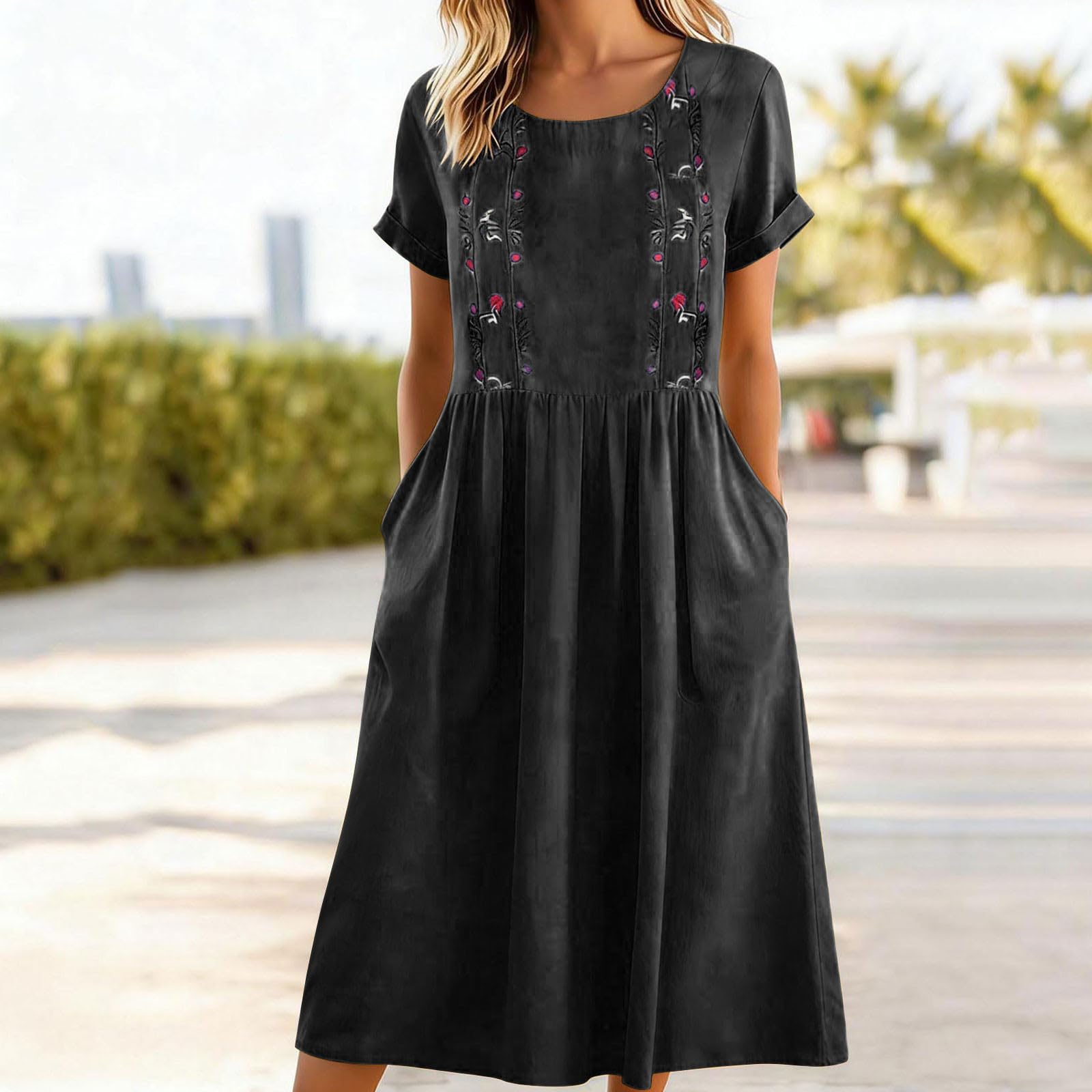 Robe décontractée bohème vintage pour femmes, en coton et lin, broderie, col rond, manches courtes, poche, robe midi, tenue de plage pour les vacances
