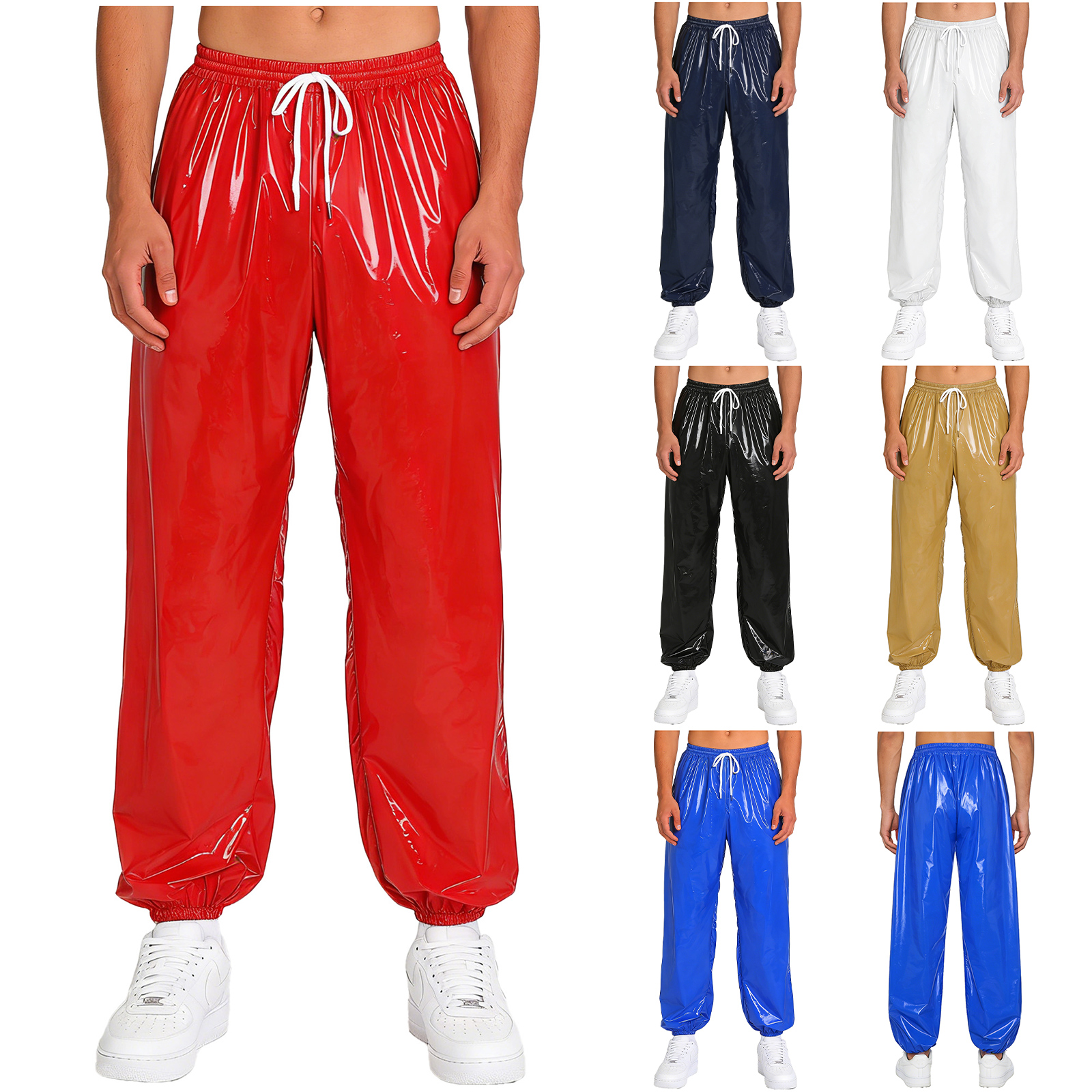 Pantalon de jogging imperméable pour homme, style Y2K brillant, avec cordon de serrage, taille élastique, poches latérales, coupe ample, pantalon brillant, style hip-hop