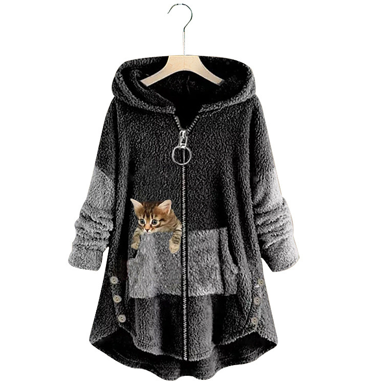 Manteau à capuche veste femmes sweat à capuche Patchwork chat imprimé fermeture éclair épais pardessus Streetwear femme automne hiver vêtements d'extérieur