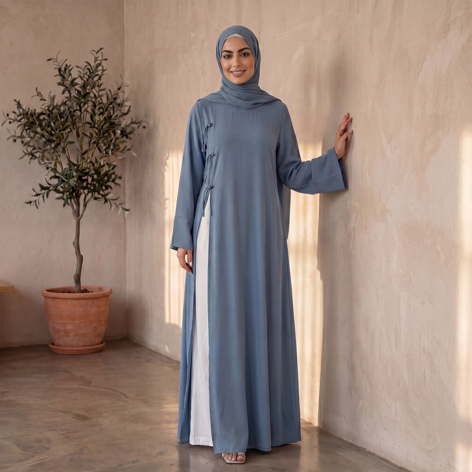 Abaya Longue Femme Musulmane Modeste pour l'Aïd, Blouse à Lacets Col Rond, Robe Maxi Ramadan Maroc Dubaï Islam Arabe Kaftan 2026