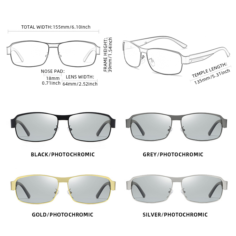 Lunettes de soleil rectangulaires photochromiques classiques pour hommes, lunettes de soleil polarisées en métal de luxe, mode masculine, extérieur, nuances de conduite caméléon