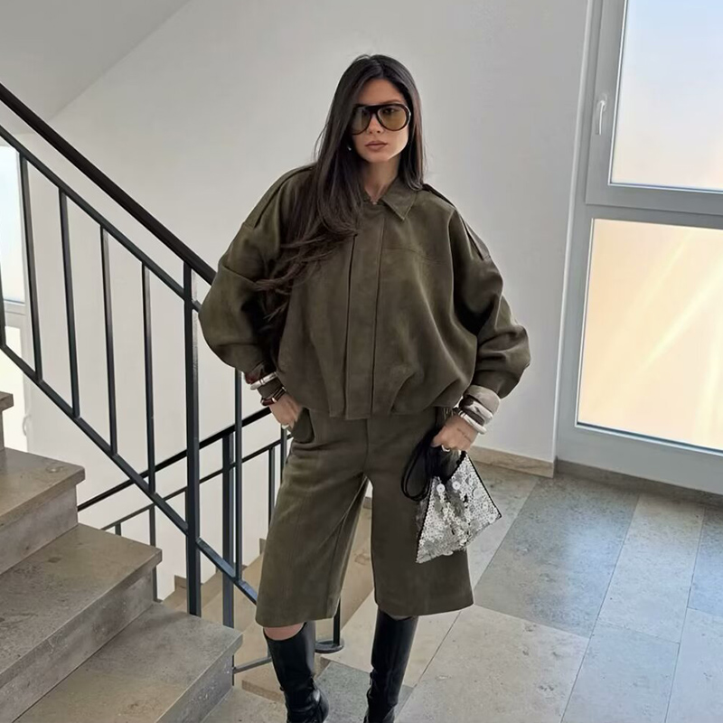 Femmes taille haute décontractée Shorts et mode ample à manches longues vestes manteaux femme deux pièces ensembles femmes tenue