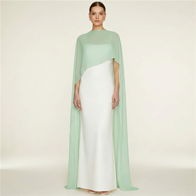 Robe longue de soirée élégante en mousseline avec cape, dos nu, moulante, longueur ras du sol, pour femme, idéale pour les fêtes et les mariages